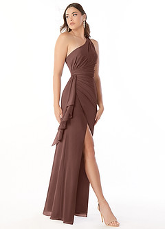 Azazie Maive Bridesmaid Dresses Espresso Sheath Pleated Ruffle Chiffon Dress image4