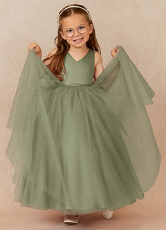 Azazie Marybell Abiti da Ragazza di Fiori Abito A-Line in Tulle Fiocco Pistacchio image3