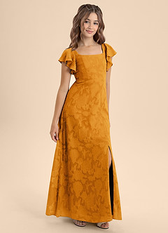Azazie Bondi Junior Robe Trapèze en Blumen-Burnout Arc Caramel écossais image6