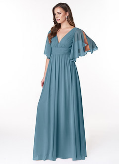 Azazie Temeka Brautjungfernkleider A-Linie Gestreift Chiffon Kleid Bermudablau image3