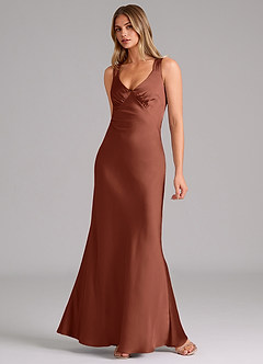 Azazie Kamila Bridesmaid Dresses Clay A-Line Pleated Stretch Satin Dress image3