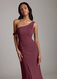 Azazie Madelyn Vestidos de damas de honor Vestido de Cabernet de Gasa de Corte Sirena Convertible con Hombro unilateral image4