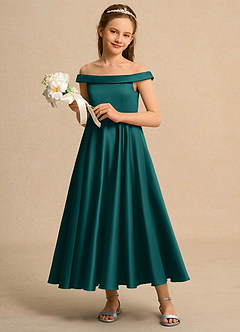 Azazie Teeny Junior Formal Jurken voor bloemenmeisjes A-Lijn Jurk van Mat Satijn Geplooid Pauw image4