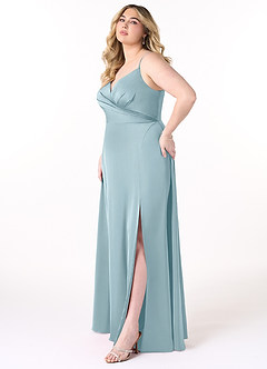 Azazie Dalilah Robes de demoiselle d'honneur Robe Trapèze en Satin extensible Col V plissé Bleu Maussade image8