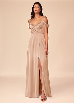 Azazie Ocean Bridesmaid Dresses English Rose A-Line V-Neck Pleated Stretch Satin Dress image1