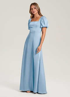 Azazie Fyona Bridesmaid Dresses Powder Blue A-Line Pleated Stretch Satin Dress image9