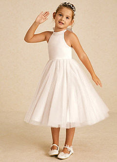 Azazie Dora Blumenmädchenkleider A-Linie Schleifen Tüll Kleid Alabaster Weiß image2