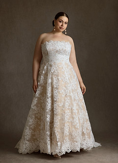 Azazie Hinata Trouwjurken Jurk van Kant met Baljurk Strapless Diamant Wit Champagne image14