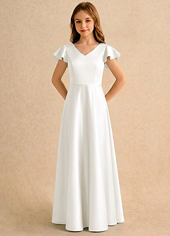 Azazie Nari Girls Formal Sukienki dla dziewczynek sypiących kwiaty Linia A z rękawami Matowy satynowy Długość podłogi Sukienka image5