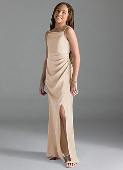 Azazie Leonis Junior White Alabaster A-Line Pleated Stretch Satin Dress image4