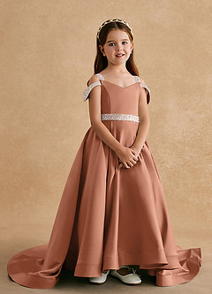 Azazie Jodi Robe Demoiselle D'honneur Fillette Robe Trapèze en Mat Satiné Bronze image4