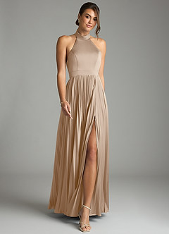 Azazie Zienna 신부 들러리 드레스 A라인 주름진 스트레치 새틴 바닥 길이 드레스 image4