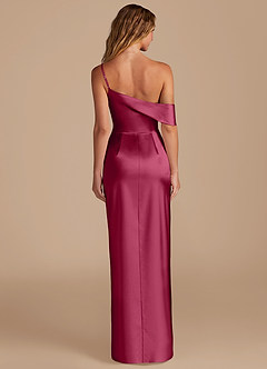 Azazie Lia Bridesmaid Dresses Burgundy Sheath Off the Shoulder Metallic Satin Dress image4