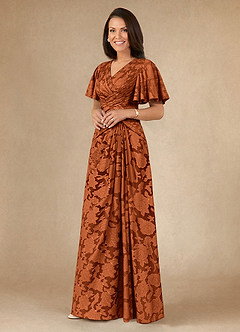 Azazie Emmeline Mother of the Bride Dresses Burnt Orange A-Line Pleated Floral Burnout Dress image3
