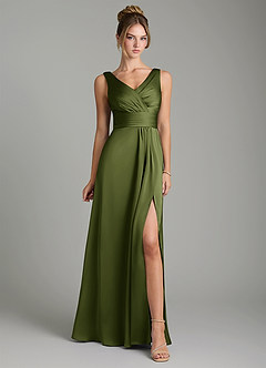 Azazie Karina Bridesmaid Dresses Olive A-Line Pleated Stretch Satin Dress image6