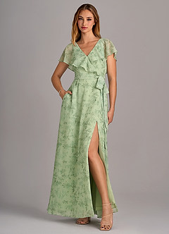 Azazie Lainey Robes de demoiselle d'honneur Robe Trapèze en Mousseline de soie avec poches Fougère Verte Florale image1