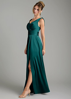 Azazie Karina Bridesmaid Dresses Peacock A-Line Pleated Stretch Satin Dress image3