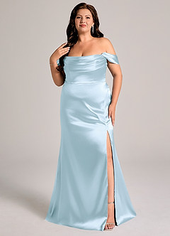 Azazie Saige Bridesmaid Dresses Sky Blue Sheath Off the Shoulder Metallic Satin Convertible Dress image11