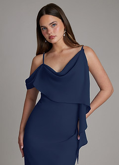 Azazie Yura Bridesmaid Dresses Dark Navy Mermaid Off the Shoulder Chiffon Dress image2