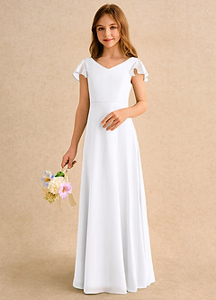 Azazie Nari Junior Formal vestidos de niña de las flores Vestido de Blanco de Gasa de Corte en A con Con mangas image4