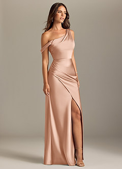 Azazie Madelyn Bridesmaid Dresses Rose Gold Mermaid Off the Shoulder Stretch Satin Convertible Dress image4
