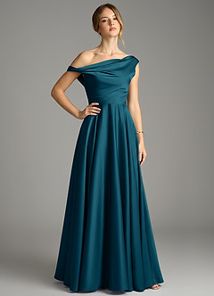 Azazie Xanthe Bridesmaid Dresses Ink Blue A-Line Off the Shoulder Stretch Satin Dress image1