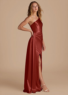 Azazie Maron Final Sale Auburn Sheath One Shoulder Metallic Satin Dress image4