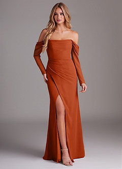 Azazie Hallie Robes de demoiselle d'honneur Robe Sirène en Mousseline de soie Manche longue Orange Brûlée image1