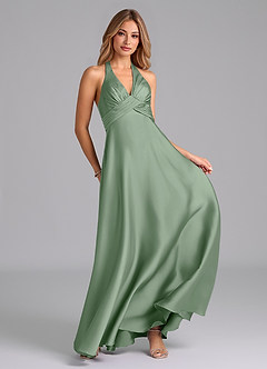 Azazie Tessie Bridesmaid Dresses Matcha A-Line Pleated Stretch Satin Dress image4