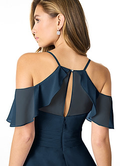 Azazie Dakota Vestidos de damas de honor Vestido Azul Marino Oscuro de Gasa de Línea A con Cuello en V plisado image4