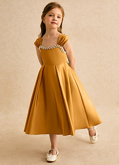 Azazie Yosemite Jurken voor bloemenmeisjes Baljurk Jurk van Mat Satijn Sweetheart Halslijn Boterbabbelaar image6