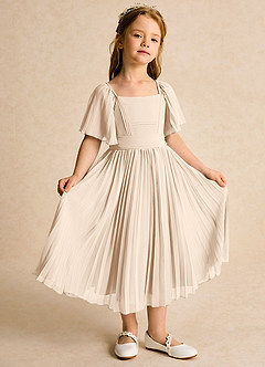 Azazie Gisele Robe Demoiselle D'honneur Fillette Robe Trapèze en Mousseline de soie Plissée Albâtre Blanc image5