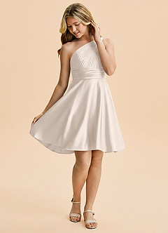 Azazie Charlize Junior White Alabaster A-Line Pleated Stretch Satin Dress image4