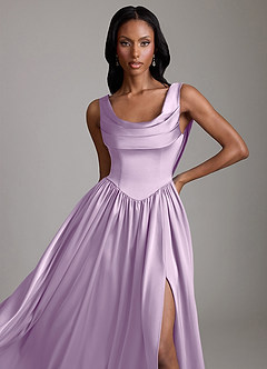 Azazie Novi Bridesmaid Dresses Frosted Lilac A-Line with Pockets Stretch Satin Dress image3