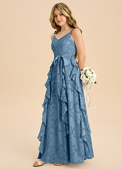 Azazie Peyton Junior Vestido de Azul Acero de Devorado Floral de Corte en A con Plisado image5