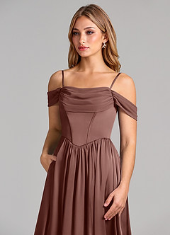 Azazie Raisa Bridesmaid Dresses Espresso A-Line Off the Shoulder Stretch Satin Dress image7