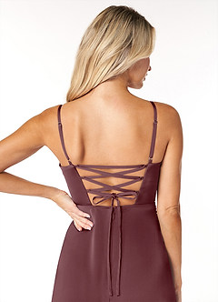 Azazie Marchella Bridesmaid Dresses Sangria A-Line Corset Stretch Satin Dress image3