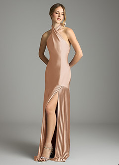 Azazie Nayeli Jurken voor bruidsmeisjes Jurk van Stretch Satijn met A-Lijn Geplooid Engelse Roos image4