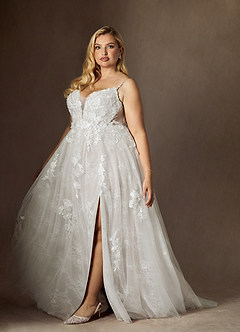 Azazie Monda Wedding Dresses Diamond White A-Line Lace Tulle Dress image14
