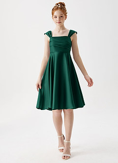 Azazie Amira Junior Emerald A-Line Pleated Stretch Satin Dress image1