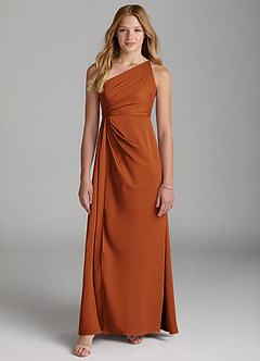 Azazie Mika Junior Robe Trapèze en Satin extensible Plissée Cannelle image3