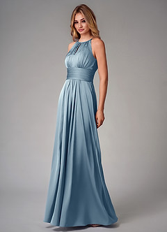 Azazie Bonnie Bridesmaid Dresses Dusty Blue A-Line Pleated Stretch Satin Dress image3