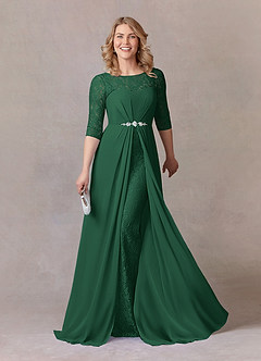 Azazie Leonine Mère de la mariée Robes Robe Trapèze en Mousseline de soie Dentelle échancrée Vert Foncé image1