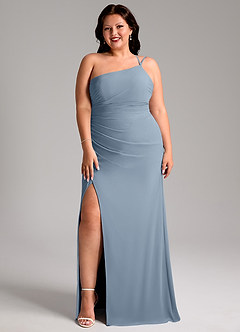 Azazie Eren Vestidos de damas de honor Vestido de Azul Polvoriento de Gasa de Corte Recto con Hombro unilateral image3