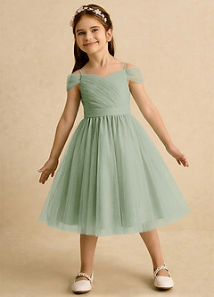 Azazie Lila Girls Formal Robe Demoiselle D'honneur Fillette Robe Trapèze en Tulle Épaule décolletée Vert Sauge image3
