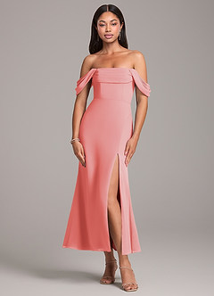 Azazie Saige Bridesmaid Dresses Coral Sheath Off the Shoulder Chiffon Convertible Dress image1