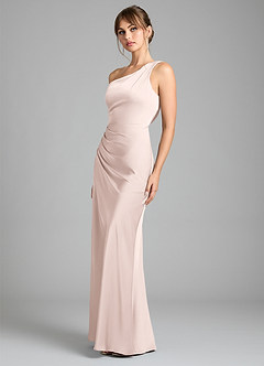 Azazie Madelyn Vestidos de damas de honor Vestido de Rosa Rubor de Satén Elástico de Corte Sirena Convertible con Hombro unilateral image6