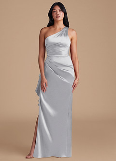 Azazie Latrice Bridesmaid Dresses Silver Sheath One Shoulder Metallic Satin Dress image2