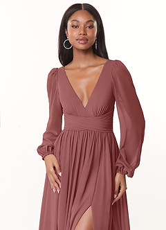 Azazie Norah Bridesmaid Dresses Amethyst A-Line V-Neck Long Sleeve Chiffon Dress image5