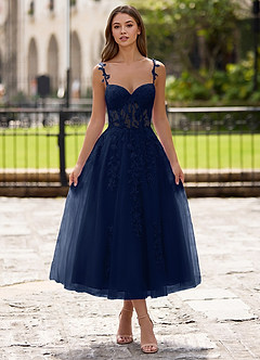 Zosia Navy Blue Lace A-line Lace Up Back Midi Dress image5